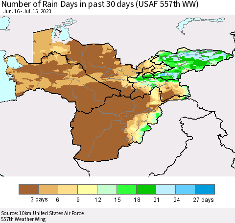 Central Asia Number of Rain Days in past 30 days (USAF 557th WW) 07/15/2023 Thematic Map For 7/11/2023 - 7/15/2023