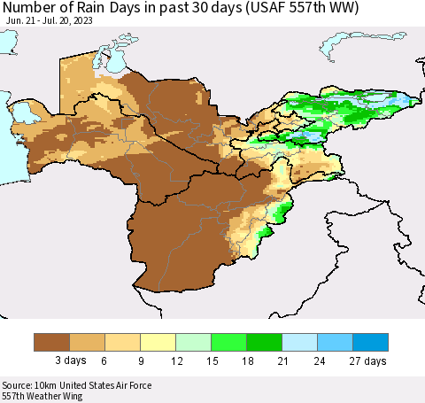 Central Asia Number of Rain Days in past 30 days (USAF 557th WW) 07/20/2023 Thematic Map For 7/16/2023 - 7/20/2023