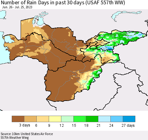 Central Asia Number of Rain Days in past 30 days (USAF 557th WW) 07/25/2023 Thematic Map For 7/21/2023 - 7/25/2023