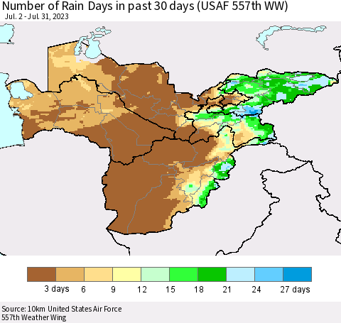 Central Asia Number of Rain Days in past 30 days (USAF 557th WW) 07/31/2023 Thematic Map For 7/26/2023 - 7/31/2023