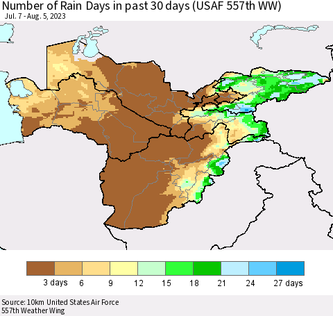 Central Asia Number of Rain Days in past 30 days (USAF 557th WW) 08/05/2023 Thematic Map For 8/1/2023 - 8/5/2023