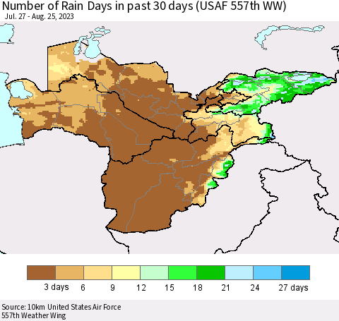 Central Asia Number of Rain Days in past 30 days (USAF 557th WW) 08/25/2023 Thematic Map For 8/21/2023 - 8/25/2023
