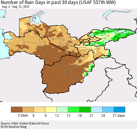 Central Asia Number of Rain Days in past 30 days (USAF 557th WW) 08/31/2023 Thematic Map For 8/26/2023 - 8/31/2023