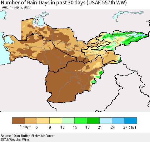 Central Asia Number of Rain Days in past 30 days (USAF 557th WW) 09/05/2023 Thematic Map For 9/1/2023 - 9/5/2023