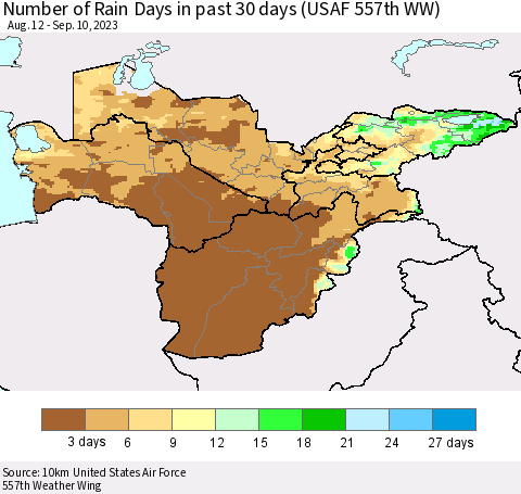 Central Asia Number of Rain Days in past 30 days (USAF 557th WW) 09/10/2023 Thematic Map For 9/6/2023 - 9/10/2023