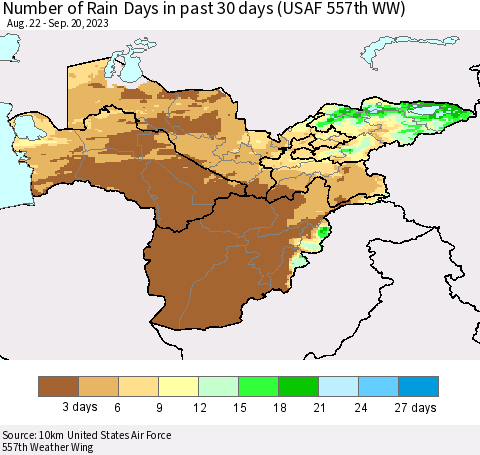 Central Asia Number of Rain Days in past 30 days (USAF 557th WW) 09/20/2023 Thematic Map For 9/16/2023 - 9/20/2023