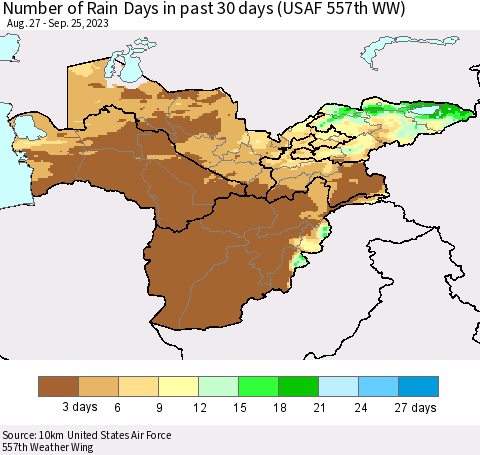 Central Asia Number of Rain Days in past 30 days (USAF 557th WW) 09/25/2023 Thematic Map For 9/21/2023 - 9/25/2023
