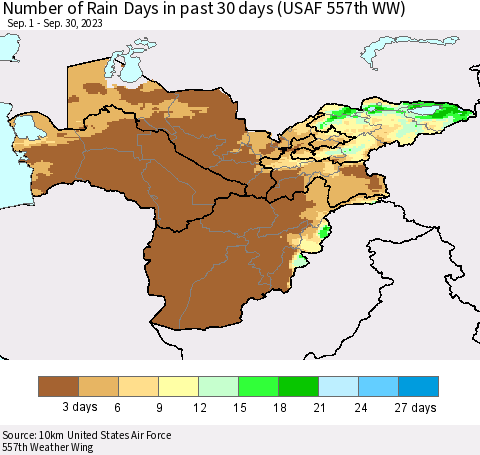 Central Asia Number of Rain Days in past 30 days (USAF 557th WW) 09/30/2023 Thematic Map For 9/26/2023 - 9/30/2023