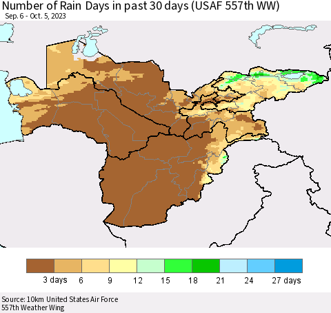 Central Asia Number of Rain Days in past 30 days (USAF 557th WW) 10/05/2023 Thematic Map For 10/1/2023 - 10/5/2023