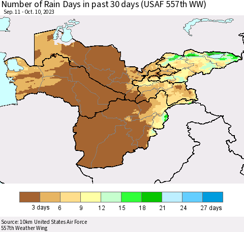 Central Asia Number of Rain Days in past 30 days (USAF 557th WW) 10/10/2023 Thematic Map For 10/6/2023 - 10/10/2023