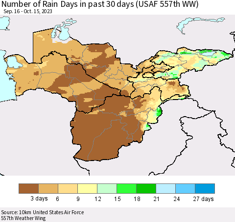 Central Asia Number of Rain Days in past 30 days (USAF 557th WW) 10/15/2023 Thematic Map For 10/11/2023 - 10/15/2023