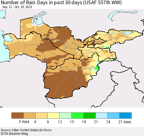 Central Asia Number of Rain Days in past 30 days (USAF 557th WW) 10/20/2023 Thematic Map For 10/16/2023 - 10/20/2023