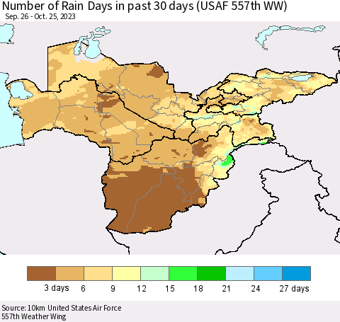Central Asia Number of Rain Days in past 30 days (USAF 557th WW) 10/25/2023 Thematic Map For 10/21/2023 - 10/25/2023