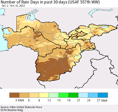 Central Asia Number of Rain Days in past 30 days (USAF 557th WW) 10/31/2023 Thematic Map For 10/26/2023 - 10/31/2023