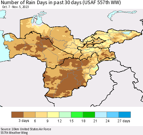 Central Asia Number of Rain Days in past 30 days (USAF 557th WW) 11/05/2023 Thematic Map For 11/1/2023 - 11/5/2023