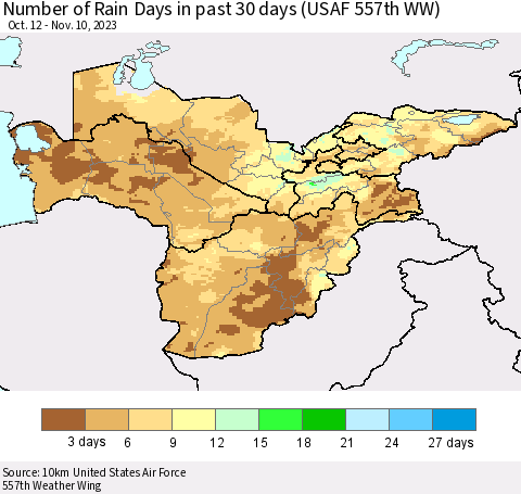 Central Asia Number of Rain Days in past 30 days (USAF 557th WW) 11/10/2023 Thematic Map For 11/6/2023 - 11/10/2023