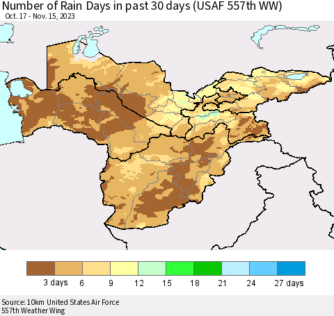 Central Asia Number of Rain Days in past 30 days (USAF 557th WW) 11/15/2023 Thematic Map For 11/11/2023 - 11/15/2023