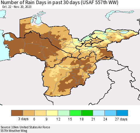 Central Asia Number of Rain Days in past 30 days (USAF 557th WW) 11/20/2023 Thematic Map For 11/16/2023 - 11/20/2023