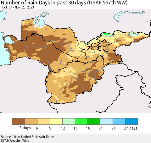 Central Asia Number of Rain Days in past 30 days (USAF 557th WW) 11/25/2023 Thematic Map For 11/21/2023 - 11/25/2023