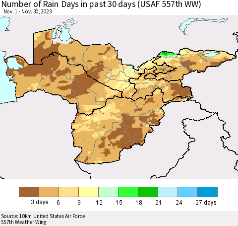 Central Asia Number of Rain Days in past 30 days (USAF 557th WW) 11/30/2023 Thematic Map For 11/26/2023 - 11/30/2023