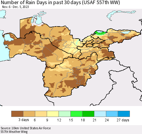 Central Asia Number of Rain Days in past 30 days (USAF 557th WW) 12/05/2023 Thematic Map For 12/1/2023 - 12/5/2023
