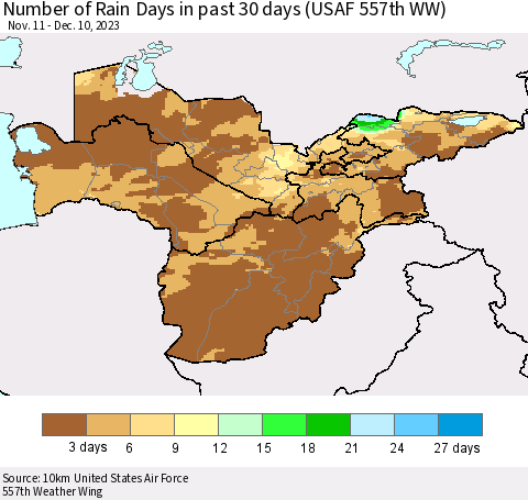 Central Asia Number of Rain Days in past 30 days (USAF 557th WW) 12/10/2023 Thematic Map For 12/6/2023 - 12/10/2023