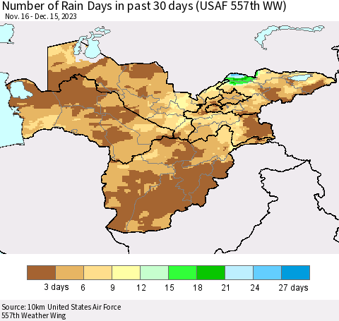 Central Asia Number of Rain Days in past 30 days (USAF 557th WW) 12/15/2023 Thematic Map For 12/11/2023 - 12/15/2023