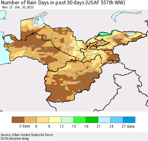 Central Asia Number of Rain Days in past 30 days (USAF 557th WW) 12/20/2023 Thematic Map For 12/16/2023 - 12/20/2023