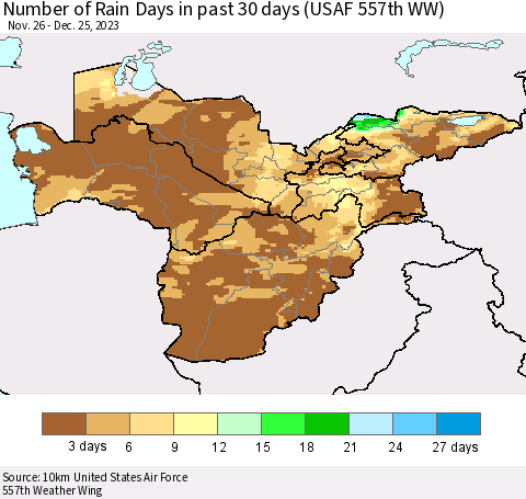 Central Asia Number of Rain Days in past 30 days (USAF 557th WW) 12/25/2023 Thematic Map For 12/21/2023 - 12/25/2023