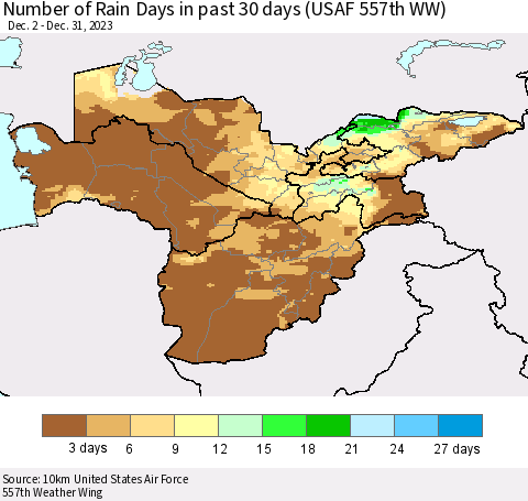 Central Asia Number of Rain Days in past 30 days (USAF 557th WW) 12/31/2023 Thematic Map For 12/26/2023 - 12/31/2023