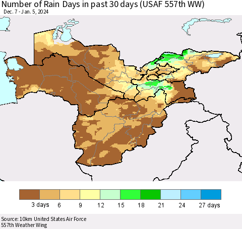Central Asia Number of Rain Days in past 30 days (USAF 557th WW) 01/05/2024 Thematic Map For 1/1/2024 - 1/5/2024