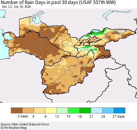 Central Asia Number of Rain Days in past 30 days (USAF 557th WW) 01/10/2024 Thematic Map For 1/6/2024 - 1/10/2024