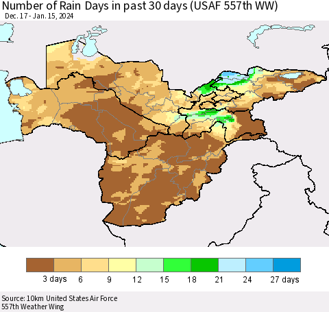 Central Asia Number of Rain Days in past 30 days (USAF 557th WW) 01/15/2024 Thematic Map For 1/11/2024 - 1/15/2024