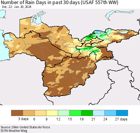 Central Asia Number of Rain Days in past 30 days (USAF 557th WW) 01/20/2024 Thematic Map For 1/16/2024 - 1/20/2024