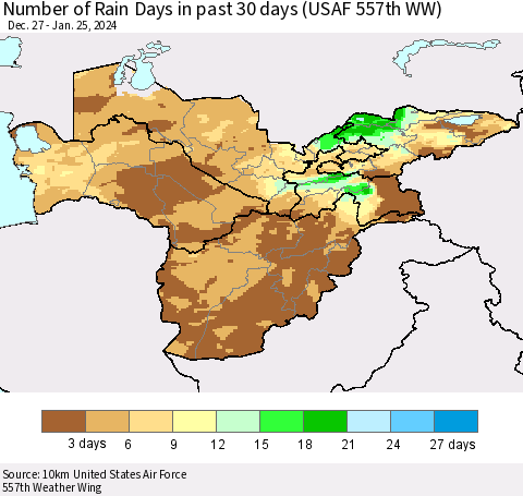 Central Asia Number of Rain Days in past 30 days (USAF 557th WW) 01/25/2024 Thematic Map For 1/21/2024 - 1/25/2024
