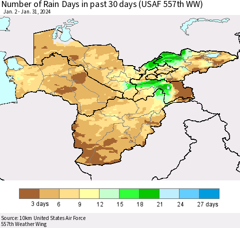 Central Asia Number of Rain Days in past 30 days (USAF 557th WW) 01/31/2024 Thematic Map For 1/26/2024 - 1/31/2024