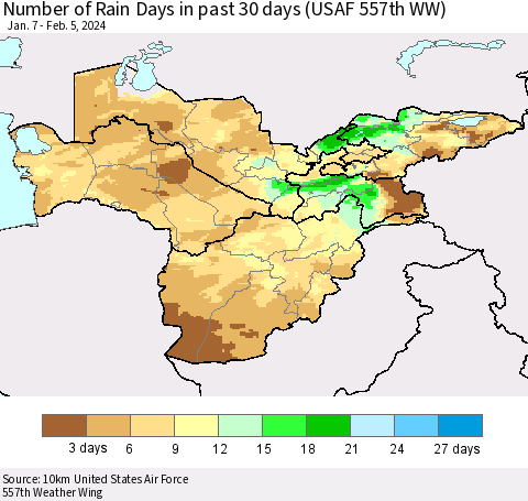 Central Asia Number of Rain Days in past 30 days (USAF 557th WW) 02/05/2024 Thematic Map For 2/1/2024 - 2/5/2024