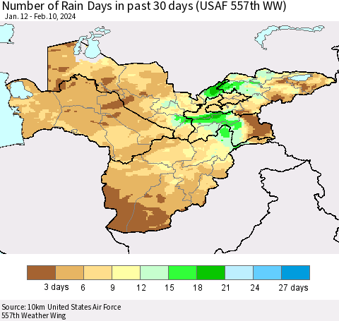 Central Asia Number of Rain Days in past 30 days (USAF 557th WW) 02/10/2024 Thematic Map For 2/6/2024 - 2/10/2024