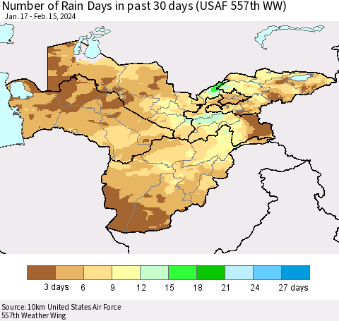 Central Asia Number of Rain Days in past 30 days (USAF 557th WW) 02/15/2024 Thematic Map For 2/11/2024 - 2/15/2024
