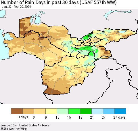 Central Asia Number of Rain Days in past 30 days (USAF 557th WW) 02/20/2024 Thematic Map For 2/16/2024 - 2/20/2024
