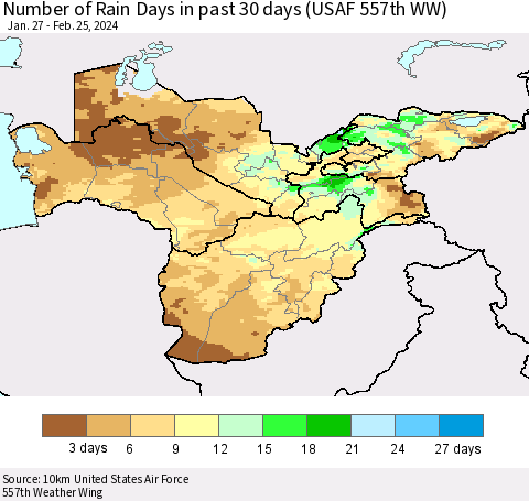 Central Asia Number of Rain Days in past 30 days (USAF 557th WW) 02/25/2024 Thematic Map For 2/21/2024 - 2/25/2024