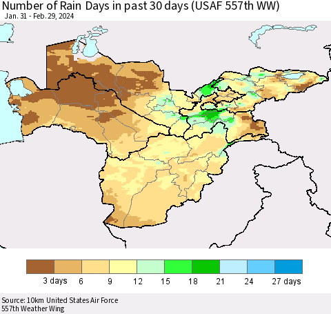 Central Asia Number of Rain Days in past 30 days (USAF 557th WW) 02/29/2024 Thematic Map For 2/26/2024 - 2/29/2024