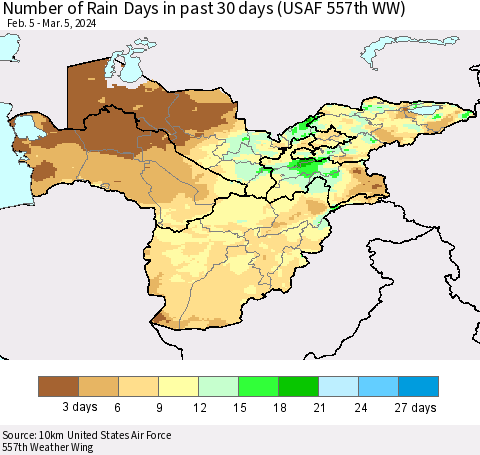 Central Asia Number of Rain Days in past 30 days (USAF 557th WW) 03/05/2024 Thematic Map For 3/1/2024 - 3/5/2024