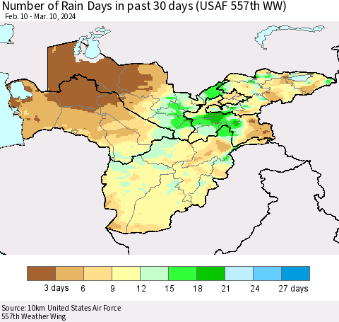 Central Asia Number of Rain Days in past 30 days (USAF 557th WW) 03/10/2024 Thematic Map For 3/6/2024 - 3/10/2024