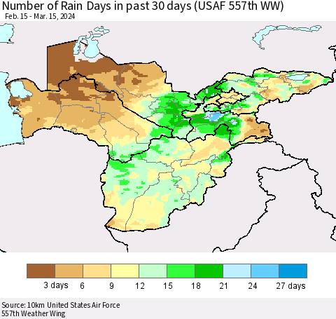 Central Asia Number of Rain Days in past 30 days (USAF 557th WW) 03/15/2024 Thematic Map For 3/11/2024 - 3/15/2024