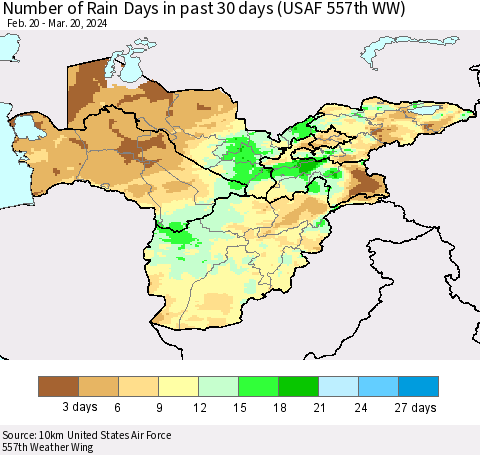 Central Asia Number of Rain Days in past 30 days (USAF 557th WW) 03/20/2024 Thematic Map For 3/16/2024 - 3/20/2024