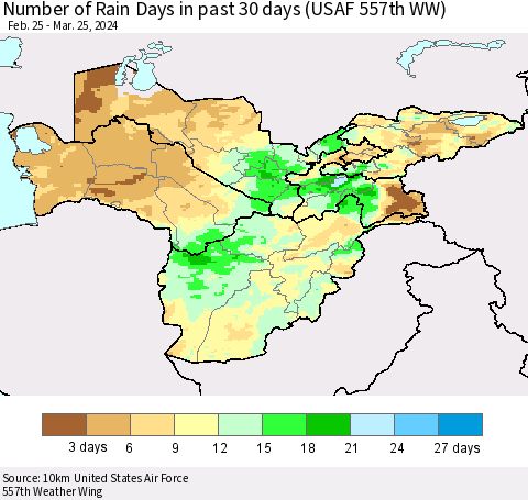 Central Asia Number of Rain Days in past 30 days (USAF 557th WW) 03/25/2024 Thematic Map For 3/21/2024 - 3/25/2024