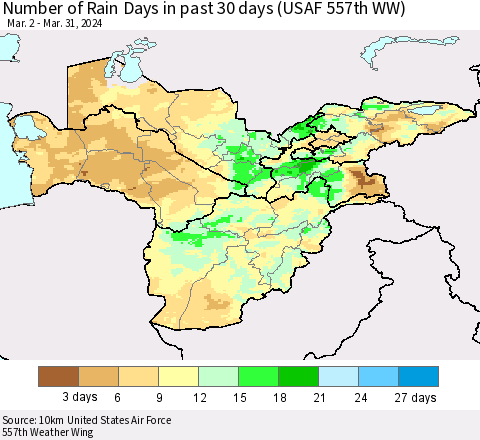 Central Asia Number of Rain Days in past 30 days (USAF 557th WW) 03/31/2024 Thematic Map For 3/26/2024 - 3/31/2024