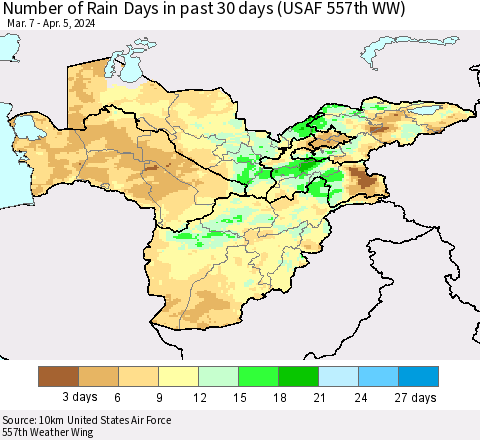 Central Asia Number of Rain Days in past 30 days (USAF 557th WW) 04/05/2024 Thematic Map For 4/1/2024 - 4/5/2024