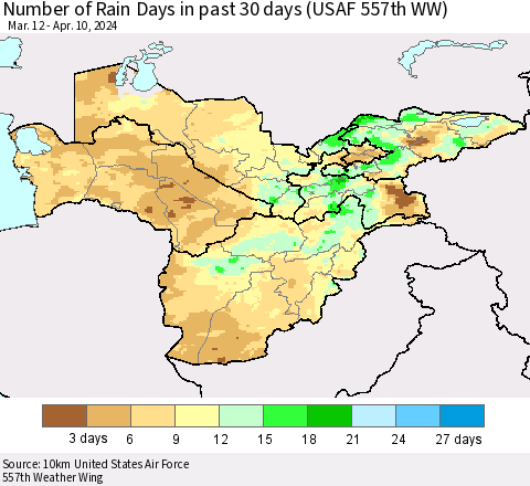Central Asia Number of Rain Days in past 30 days (USAF 557th WW) 04/10/2024 Thematic Map For 4/6/2024 - 4/10/2024